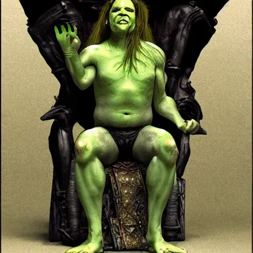 Image similar to goblin king, sitting on a throne, surrounded by his minion, dark fantasy, in the style of ted nasmith