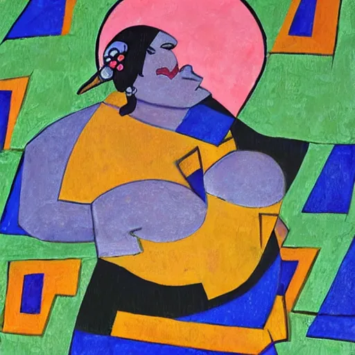 Image similar to fat mayan woman dancing, brilliant sunset, cubism, muted colors, texture