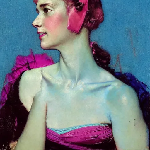 Prompt: portrait of a blue and pink queen, by norman rockwell