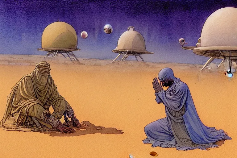 Image similar to a hyperrealist watercolour character concept art portrait of a middle eastern merchant praying in front of an alien with 1 2 eyes on a misty night in the desert. a ufo is in the background. by rebecca guay, michael kaluta, charles vess and jean moebius giraud