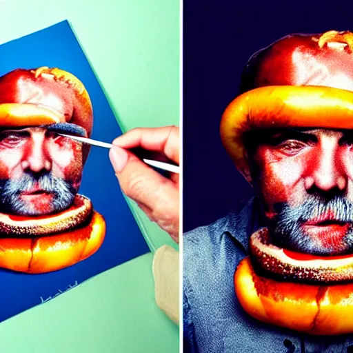 Prompt: Colour Photography of 1000 years old man that eating hot-dog with highly detailed 1000 years old face in style of Josan Gonzalez