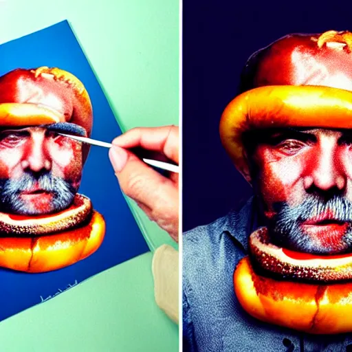 Image similar to Colour Photography of 1000 years old man that eating hot-dog with highly detailed 1000 years old face in style of Josan Gonzalez