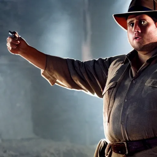 Image similar to Jonah Hill as indiana jones in raiders of the lost ark, 8k resolution, full HD, cinematic lighting, award winning, anatomically correct