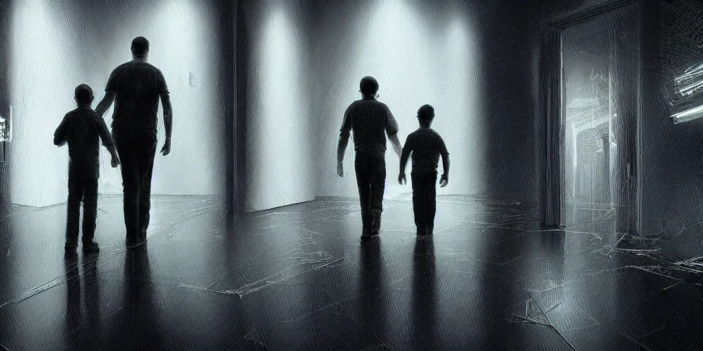 Image similar to realistic macro photograph of a father and son wearing occulus rift headsets walking through dark neon rooms, ultra realistic, by cedric peyravernay, intricate detail, digital painting, minimal art style, mirrors edge art style, volumetric lighting effect, artstation, 3 5 mm film grain