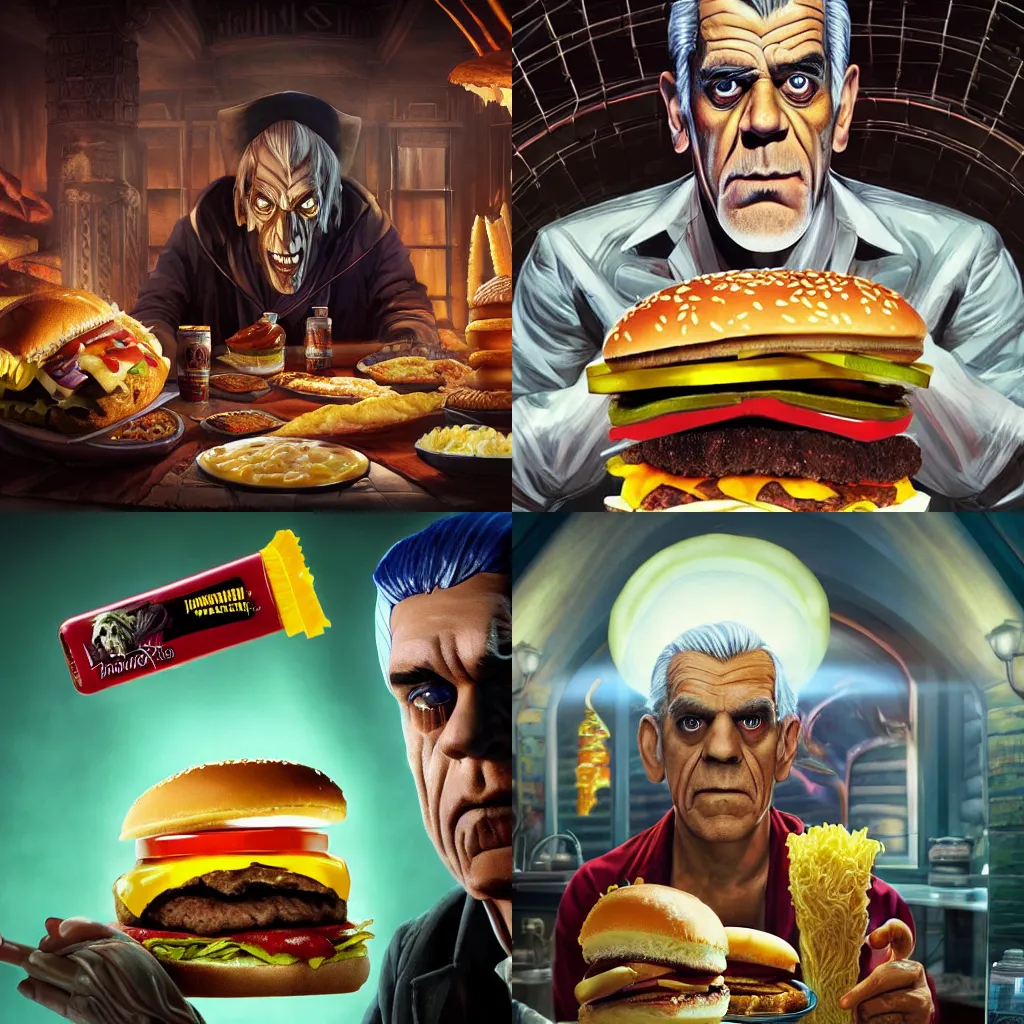 Prompt: Boris Karloff as The Mummy eating hamburgers with extra ketchup and mustard, pickles, onions, lettuce, Big Macs, intricate, epic lighting, cinematic composition, hyper realistic, 8k resolution, unreal engine 5, by Artgerm, tooth wu, dan mumford, beeple, wlop, rossdraws, James Jean, Andrei Riabovitchev, Marc Simonetti, yoshitaka Amano, Artstation