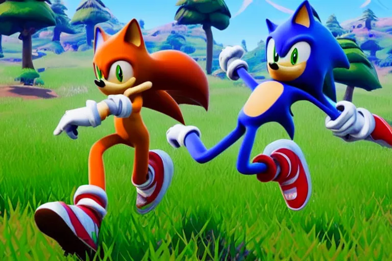 Image similar to sonic dancing in fortnite, gameplay