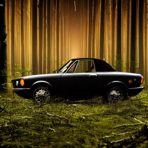 Image similar to fiat 1 2 4 in the dark forest, night, headlights on