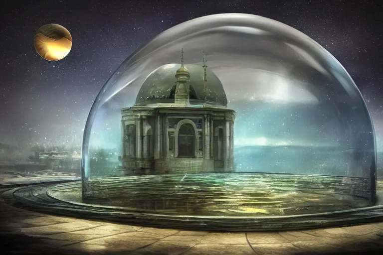 Image similar to dome science fiction underwater advanced orthodox city bubble landscape