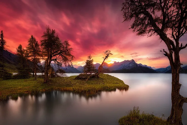 Prompt: beautiful landscape of mountains with lake and a dead tree in the foreground by Marc Adamus, sunset, dramatic sky
