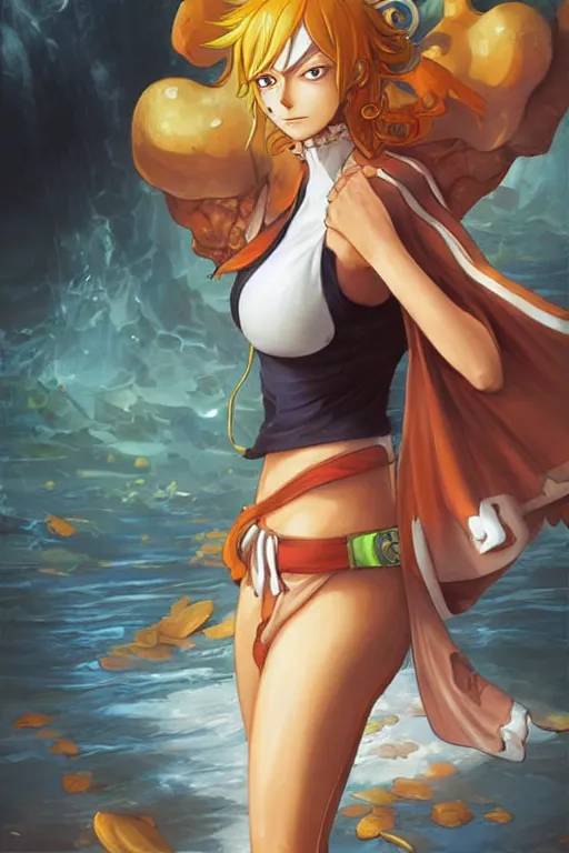 Image similar to portrait of Nami from One Piece, highly detailed, digital painting, artstation, concept art, sharp focus, illustration, art by artgerm and greg rutkowski and alphonse mucha, in the style of One Piece