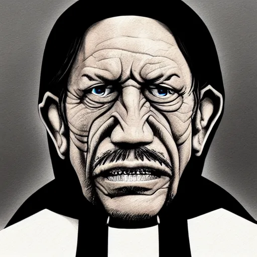 Image similar to Danny Trejo as church nun, dark fantasy, highly detailed, artstation, manga illustration by Kentaro Miura berserk