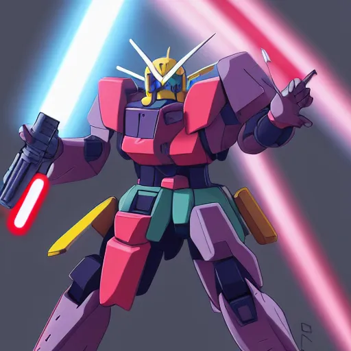 Prompt: a gundam figher with a lightsaber by dan hermon, trending on artstationhd, anime art, gundam fighter, colorful palette, highly detailed, 8 k, masterpiece, sci - fi theme, visual effects, animated