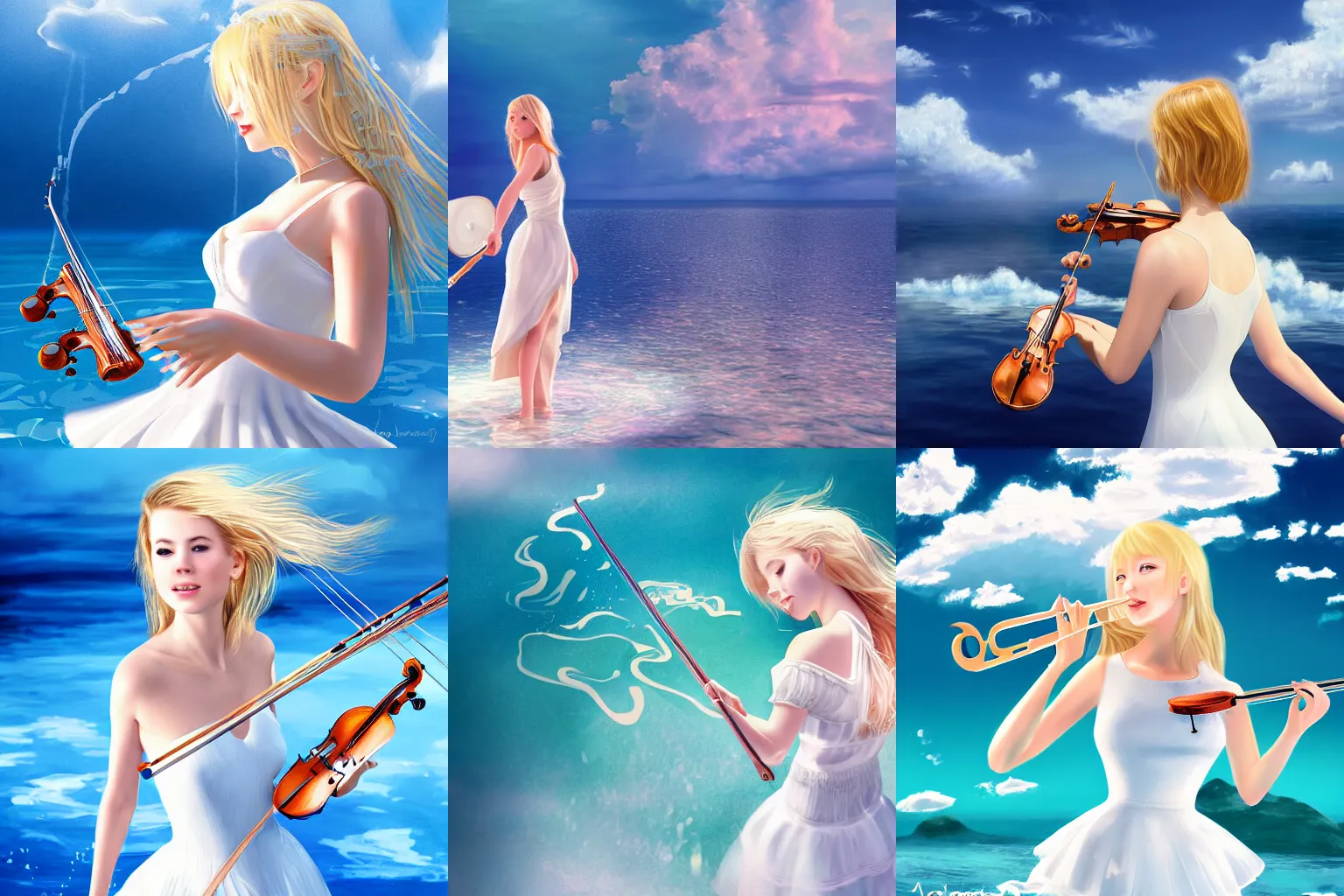 Prompt: high detail digital art of a blonde girl wearing a white dress while passionately playing her violin and standing on water in the middle of the ocean surrounded by a blue sky and soft clouds by 羅 光佑, vibrant, expressive, trending on artstation