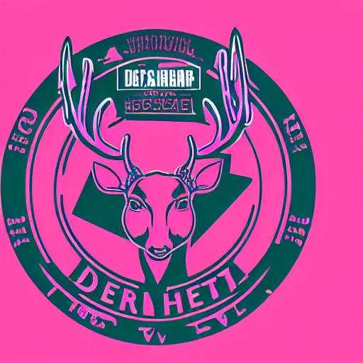 Prompt: logo for corporation that involves deer head, symmetrical, retro pink synthwave style, retro sci fi