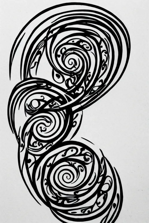 Image similar to a simple art nouveau tattoo design of birds flying in a 8 spiral, black ink, logo