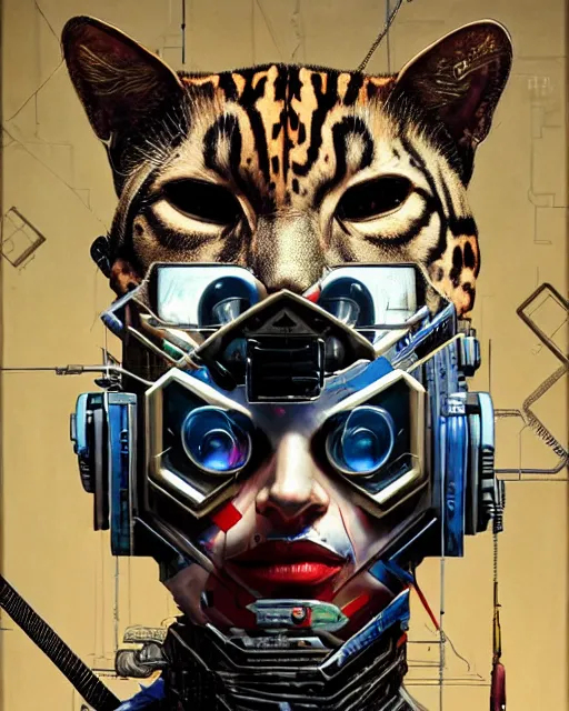 Image similar to a portrait of an anthropomorphic cyberpunk ocelot by sandra chevrier, by jon foster, detailed render, tape deck, epic composition, cybernetics, 4 k realistic, cryengine, realistic shaded lighting, sharp focus, masterpiece, by enki bilal