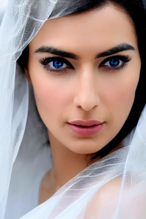 Image similar to Ameera al-Taweel, blue eyes, serious, long wavy black hair, white veil, closeup, focus face