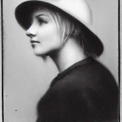 Prompt: portrait of 2 0 - year - old woman with angle lost profile looking away, medium yellow blond hair, character with a hat, hair comes out of the hat a little