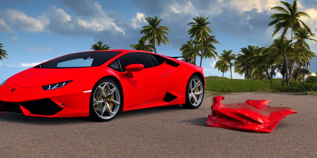 Image similar to red Lamborghini huracan!, unreal engine 5!, hyperrealistic!, cinema 4D!, dynamic lighting! Beach! Tropical paradise!, cinematic landscape!, studio landscape! Amazing ultra quality! Substance painter!