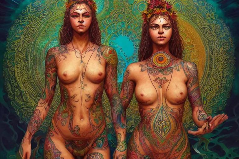 Image similar to a centered full body render of alluring festival hippies with tribal tattoos surrounded by a underwater ink pour and flowing liquid galium and sacred geometry, perfect body and faces, powerful, cinematic, beautifully lit, by artgerm, by karol bak, by donato giancola, 3 d, trending on artstation, octane render, 8 k