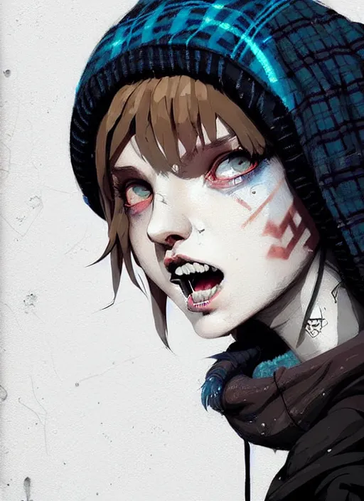 Image similar to highly detailed closeup portrait of a sewer punk lady student, beanie, tartan hoodie, white hair by atey ghailan, by greg rutkowski, by greg tocchini, by james gilleard, by joe fenton, by kaethe butcher, gradient, blue, black, brown and cream color scheme, grunge aesthetic!!! white graffiti tag wall background