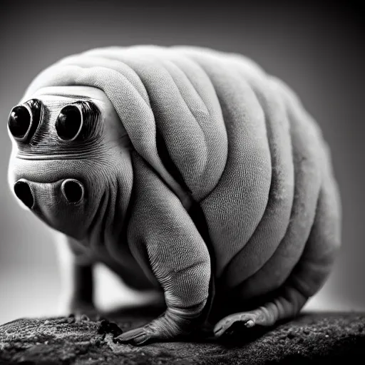 Image similar to formal black and white warm - toned photograph in the style of yousuf karsh of a tardigrade.