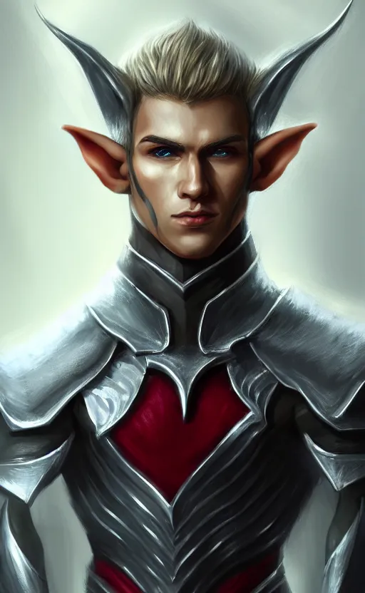 Image similar to A medium shot portrait of a male elf, he is about 20 years old, attractive, lean but muscular, serious composure, short silver hair, prideful look, he is wearing black heavy armor with gold plating and a red cape, highly detailed portrait, digital painting, ArtStation, concept art, smooth, sharp focus illustration, ArtStation HQ