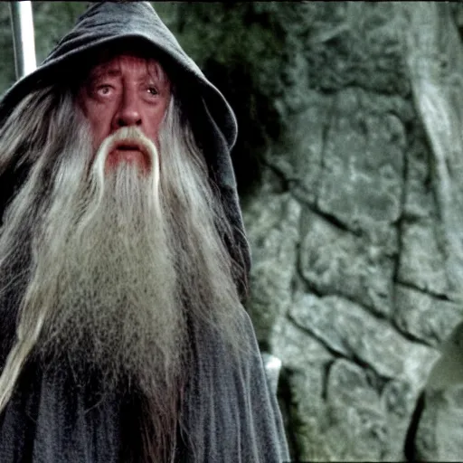 Prompt: A Still of Patrick McGoohan as Gandalf in The Lord of the Rings (2001)