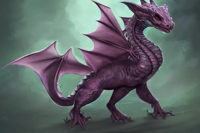 Prompt: full body digital illustration of a cute baby dragon by randy Vargas, iridescent purple, concept art, matte background, deviantArt, artstation