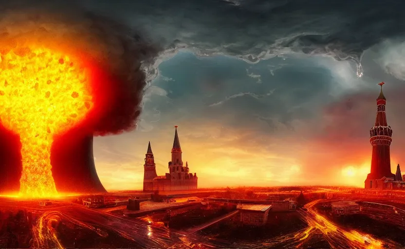 Image similar to ultra realistic picture of a big nuclear explosion with realistic nuclear mushroom in Red Square Kremlin, extremely high detail, photo realistic, cinematic lighting, post processed, artstation, matte painting, unreal engine 5, 8k