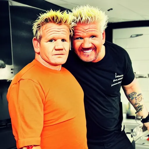 Image similar to gordon ramsay and guy fieri as conjoined twins, medical photo, had