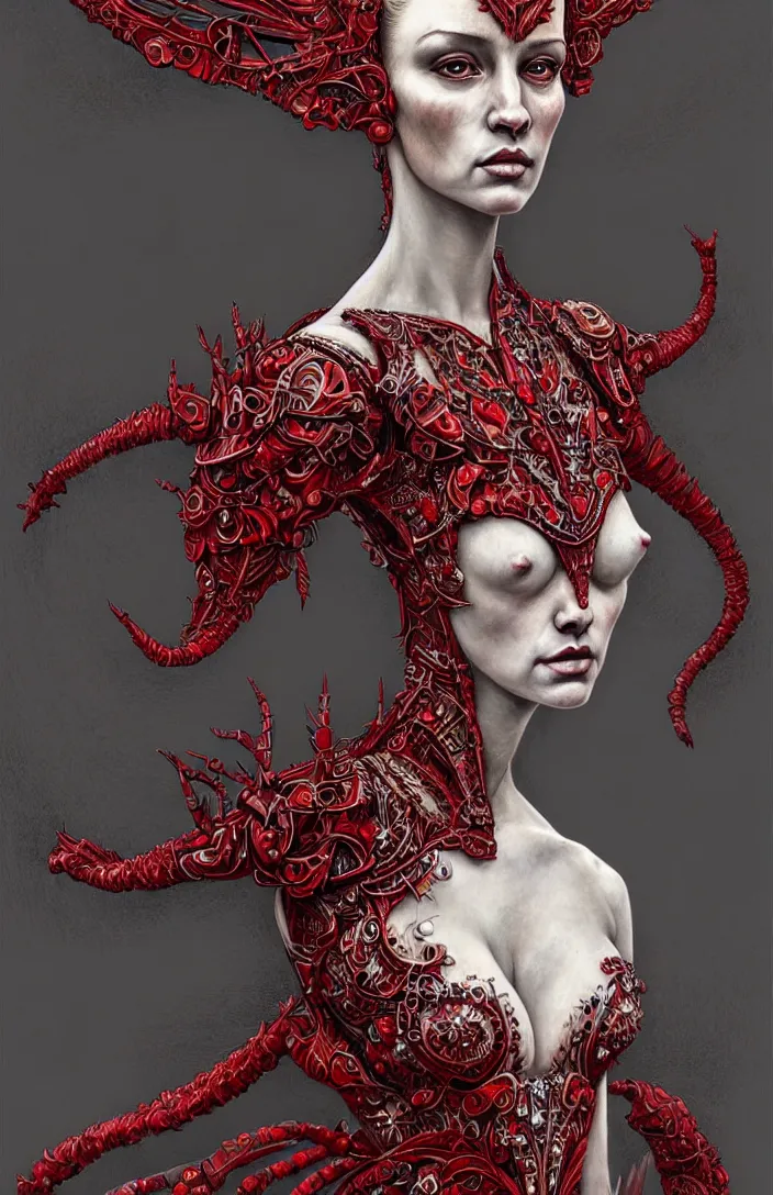 Image similar to epic professional digital portrait of gorgeous thin white woman, epic armoured red party dress, painted, intricate, detailed, by leesha hannigan, wayne haag, reyna rochin, ignacio fernandez rios, mark ryden, iris van herpen, best on artstation, cgsociety, epic, stunning, gorgeous, much wow.