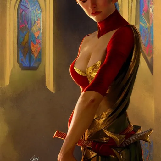 Prompt: statuesque elf resting, short hair, red and gold clothes, sharp focus, intricate, smooth, ultra realistic digital art, d & d, high fantasy, pointed ears, elegant, by artgerm, greg rutkowski, raymond swanland, alphonse mucha