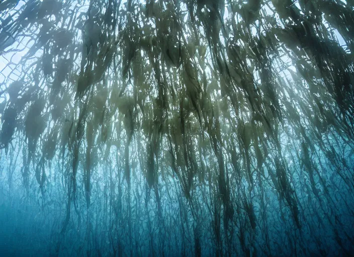 Image similar to underwater kelp forest beneath the ice of europa, award winning photograph