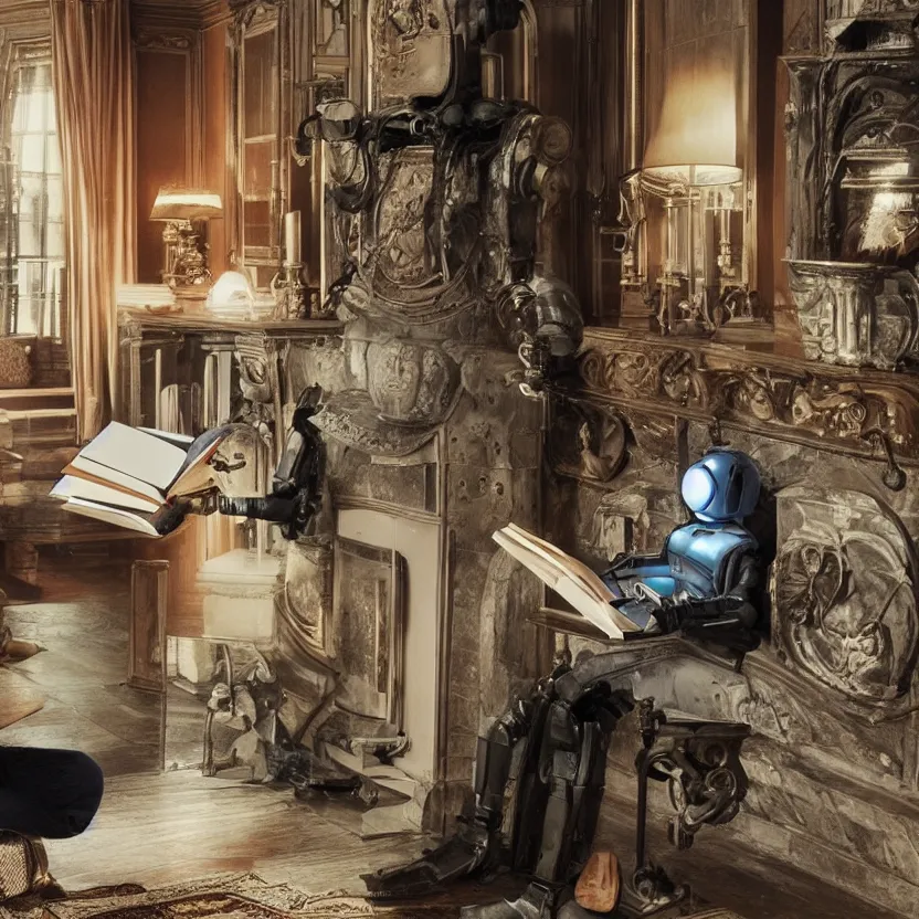 Image similar to “a lonely robot reads a book near a fireplace in a Victorian home., IMAX 70mm footage”