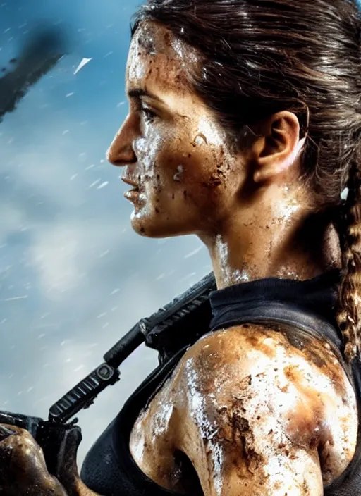 Image similar to a studio photography, film still of lara croft as cop, her face muddy and sweat, direct sun light, close up potrait, cinematic,