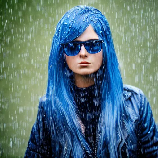 Prompt: highly detailed portrait of pretty lady with shifting shades of blue hair standing in a downpour, 4k resolution