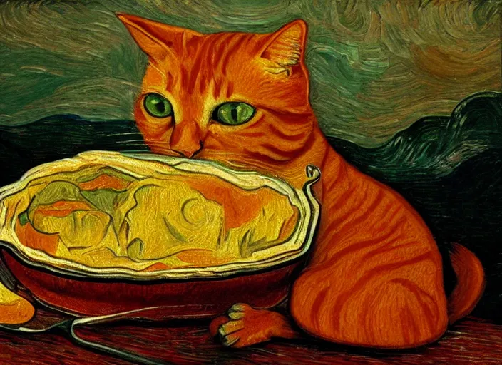 Image similar to detailed realistic realism painting of orange tabby cat eating lasagna at dusk, in the style of vincent van gogh and salvador dali and leonardo da vinci