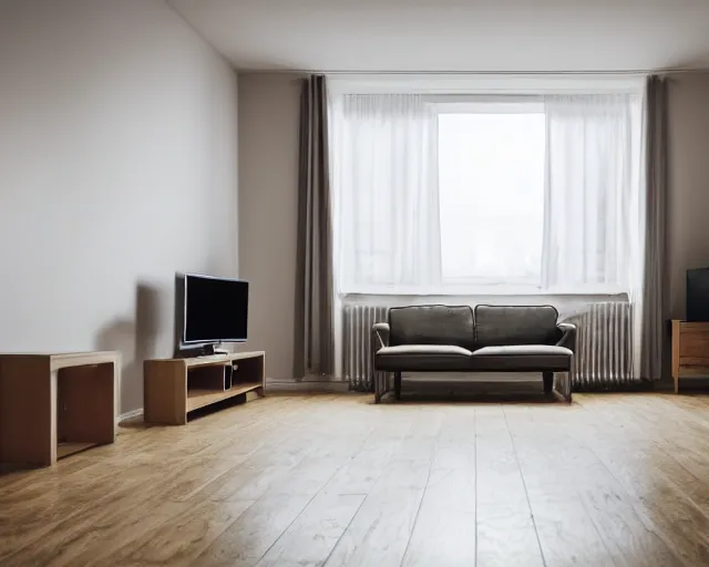 Image similar to Award winning photo of a living room with a TV of a flat abandoned a week ago, 4k, high quality