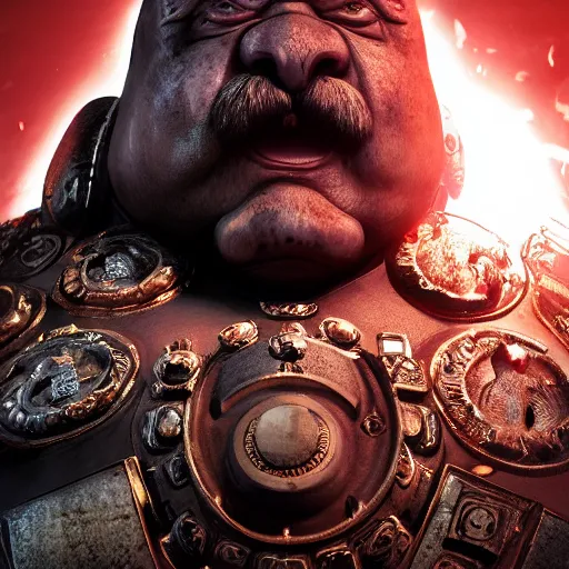 Image similar to Portrait of Budai as the emperor of humanity from warhammer 40k in Gears of War, splash art, movie still, cinematic lighting, dramatic, octane render, long lens, shallow depth of field, bokeh, anamorphic lens flare, 8k, hyper detailed, 35mm film grain