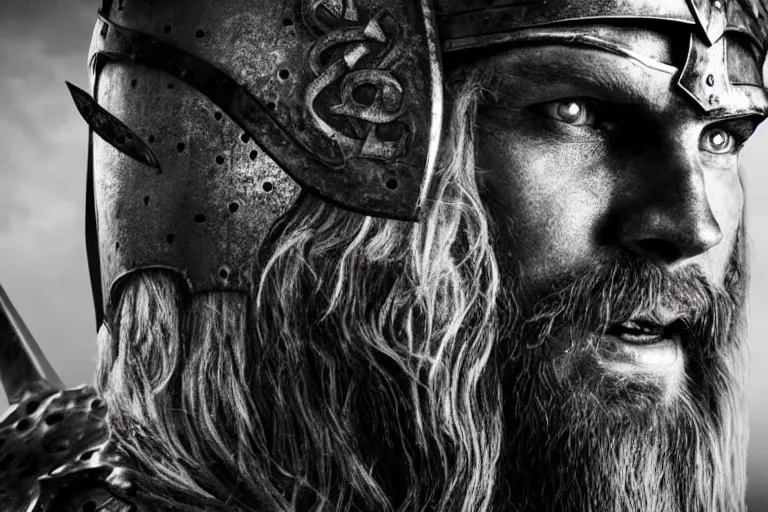 Image similar to still photo of viking warrior looking at the camera in a battlefield, black and white color aesthetic, highly detailed, photorealistic portrait, bright studio setting, studio lighting, crisp quality and light reflections, unreal engine 5 quality render