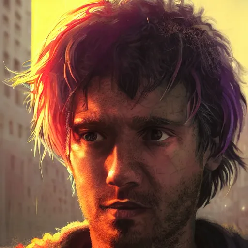 Prompt: cyberpunk, closeup portrait of a shaggy cyberpunk junkie in his 2 0 s, eye bags, three day stubble, ex junkie, dramatic light, city background, sunset, dystopian setting, high contrast, sharp, neuromancer, henry dorsett case, painted by stanley lau, painted by greg rutkowski, painted by stanley artgerm, digital art, trending on artstation