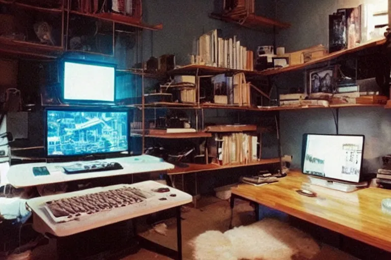 Prompt: apartment organization inspo in bamboo, in 2 0 5 5, y 2 k cybercore, low - light photography, bathed in the glow of a crt monitor, still from a ridley scott movie