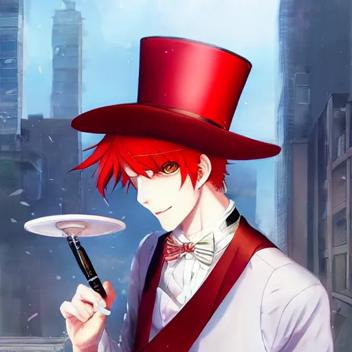 Prompt: red haired top hat wearing anime man smoking on rooftop, perfect face, portrait made by Stanley Artgerm, WLOP, Rossdraws, James Jean Andrei Riabovitchev, Marc Simonetti, Yoshitaka Amano, Artstation