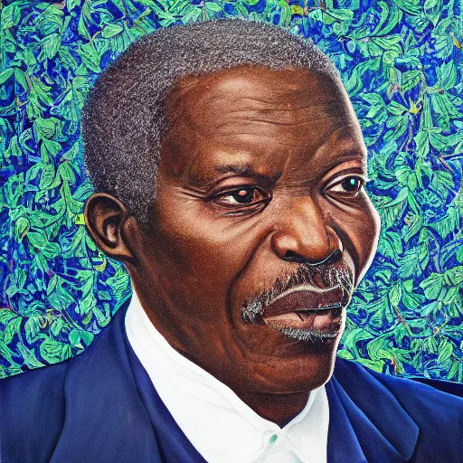 Image similar to a painting of a round face, XXL , fatherly, loving, caring, generous, ever-present, humble, wise elder from Kenya in a suit by Kehinde Wiley . Fatherly/daddy, focused, loving, leader, relaxed,. ethereal lights, details, smooth, sharp focus, illustration, realistic, cinematic, artstation, award winning, rgb , unreal engine, octane render, cinematic light, macro, depth of field, blur, red light and clouds from the back, highly detailed epic cinematic concept art CG render made in Maya, Blender and Photoshop, octane render, excellent composition, dynamic dramatic cinematic lighting, aesthetic, very inspirational, arthouse.