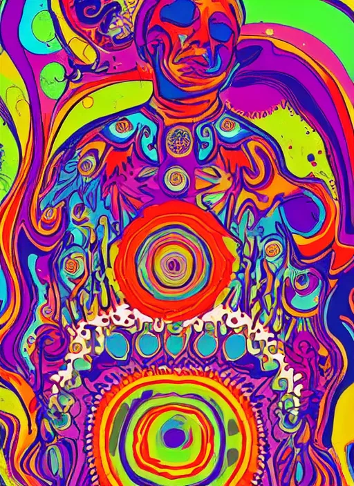 Prompt: the spirit of the psychedelic movement as a colorful poster from the sixties