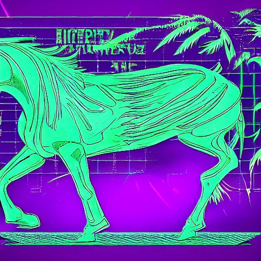 Image similar to digital horse, retrowave palette, highly detailed, anatomically correct equine, synth feel, digital art