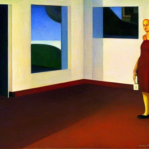 Image similar to a scientist invents a teleporter, grant wood, pj crook, edward hopper, oil on canvas