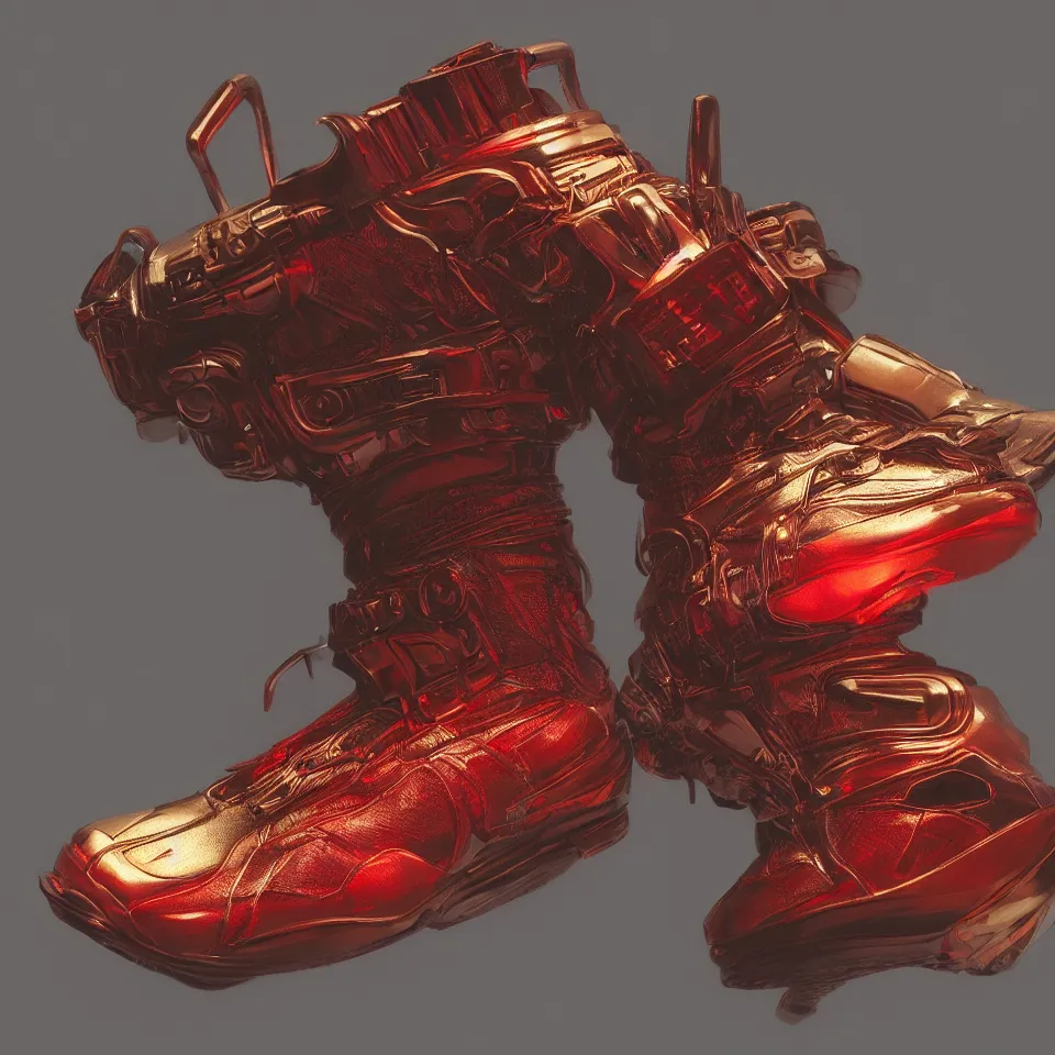 Image similar to realistic sculpture of a cyberpunk sneaker, beautiful studio lighting, soft, sharp focus, cyberpunk, intricate detail, gold and red accents, soft rubber, octane render, trending on artstation, deviantart, art by syd mead