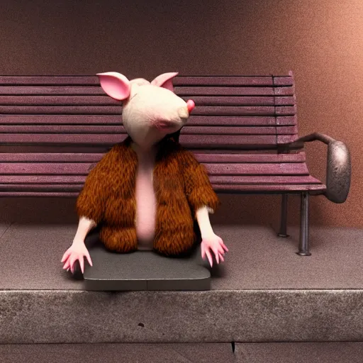 Image similar to anthropomorphic rat, octane render, 3 d, sad, lonely, moody lighting, wearing a fur coat, in the rain, at night, sitting on a park bench